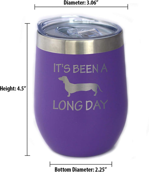 Been a Long Day Dachshund Wine Tumbler with Sliding Lid - Stemless Stainless Steel Insulated Cup, Purple
