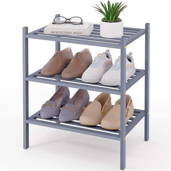 Smiry Small Bamboo Shoe Rack 3-Tier, Stackable Wooden Shoe Organizer for Entryway