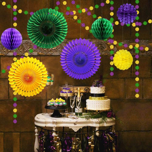 Decor365 Glitter Circle Garlands Banner, Gold Purple Green Mardi Gras Party Decorations, Hanging Paper Fan Tissue