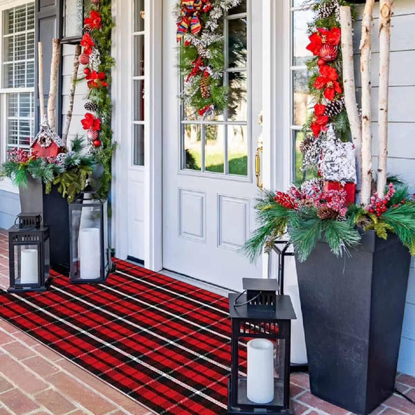 Christmas Outdoor Rug Doormat 2' x 4.3', Black/Red Buffalo Plaid Cotton Hand-Woven Welcome Layered Door Mats