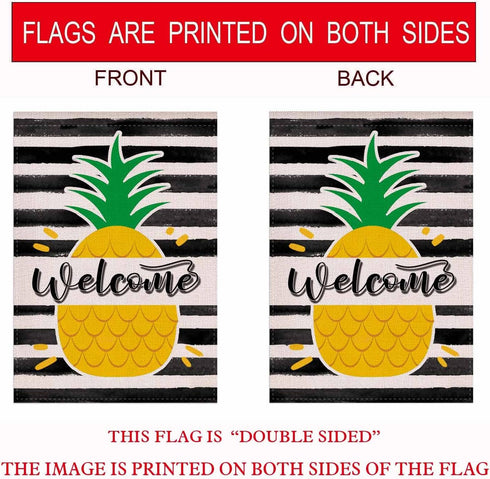 Welcome Summer Pineapple Stripes Garden Flag, Double Sided Burlap Flag for Yard Lawn Outdoor Decor