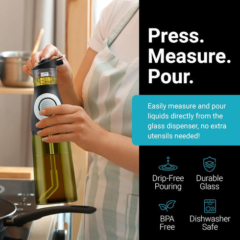 Set 2 Oil and Vinegar Dispenser - Glass Olive Oil Cruet Bottles with Measuring Cup - Non-Drip Kitchen Dispenser