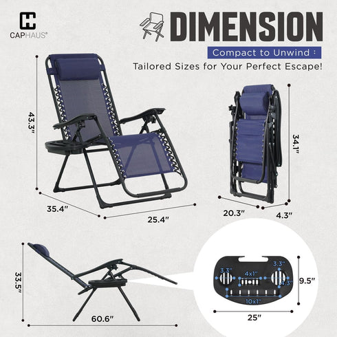 300LB CAPHAUS Blue Zero Gravity Chair, Recliner, Lounge Chair, Folding Chair with Side Tray, Metal, Textilene Fabric