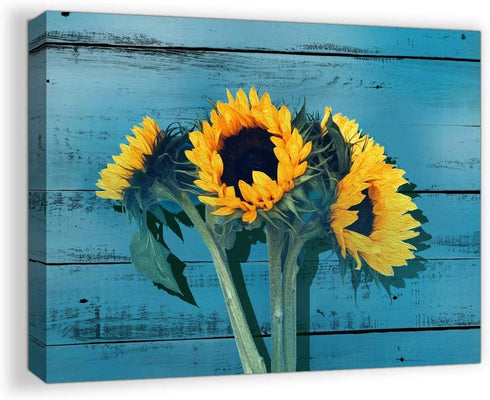 Rustic Bathroom Decor, Sunflower Themed Farmhouse Wall Art, Teal Canvas Framed Artwork for Modern Home 12x16
