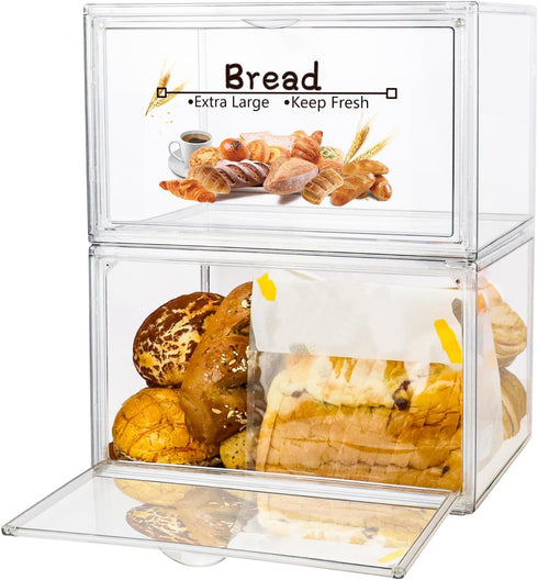 RISICULIS 2PCS Large Bread Box for Countertop, Stackable Double Layer Storage Container, Clear