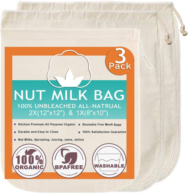Nut Milk Bag Cloth Strainer, 3 Pack Organic Reusable Kitchen Fine Mesh Cheesecloth for Juicing