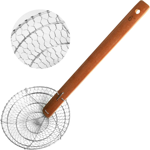 Stainless Steel Spider Strainer, Asian Kitchen Wire Food Cooking Skimmer with Natural Bamboo Handle, 6-Inch