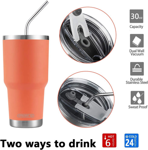 D·S 30oz Orange Tumbler, Stainless Steel Insulated Travel Mug with Straw Lid and Cleaning Brush