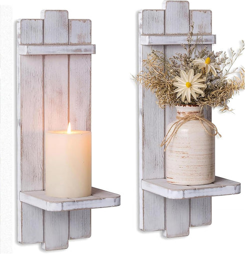 Farmhouse Candle Sconces Wall Decor: Set of Two Rustic Wood Wall Candle