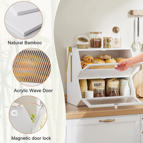 Countertop, Counter WOWLIVE Double Layer Bread Box for Kitchen Large Bamboo Bread Storage Container for Homemade Bread
