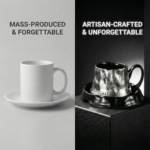 YDDistinct Set (8 oz) Volcanic Ash Titanium Finish Coffee Mug and Saucer | Modern Sculptural Ceramic Cup for Espresso
