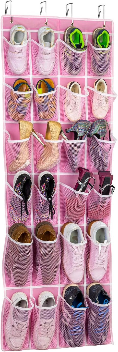 Hanging Shoe Organizer - Over The Door Shoe Storage Rack with 24 Breathable Mesh Pockets for Men, Women, Kids (Pink)