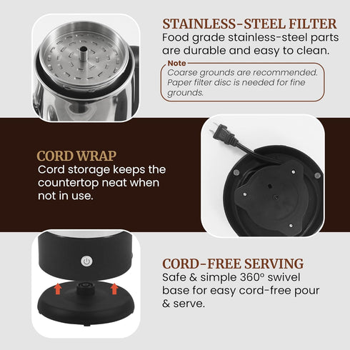 12-Cup 360 Elite Gourmet Electric Coffee Percolator, Dishwasher Safe Stainless-Steel Filter, Lid & Tube, Keep Warm