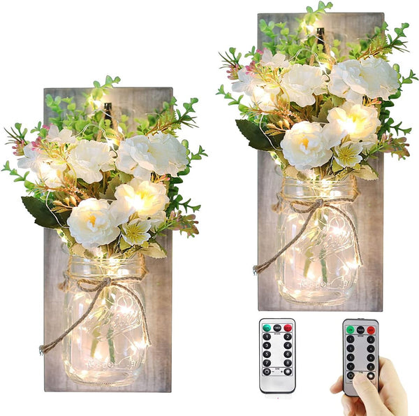 OCTMUSTARD Rustic Wall Decor Mason Jar Sconces Decor with Led Lights for Home