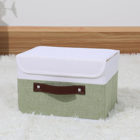 ANMINY Washable Storage Boxes with Lids, Decorative Storage Bins Basket with PU Leather Handle, Foldable Linen Fabric