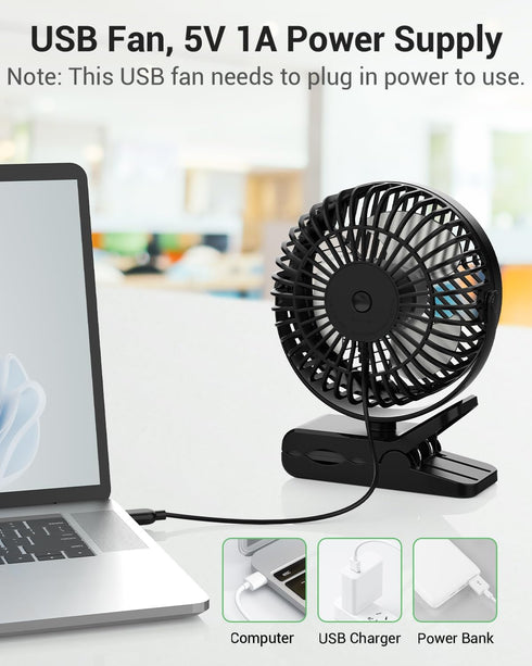 GEHEN 3-Speed Clip-On Fan with Strong Airflow, USB-Powered, Ultra-Quiet Operation for Bedroom, Office & Stroller Use