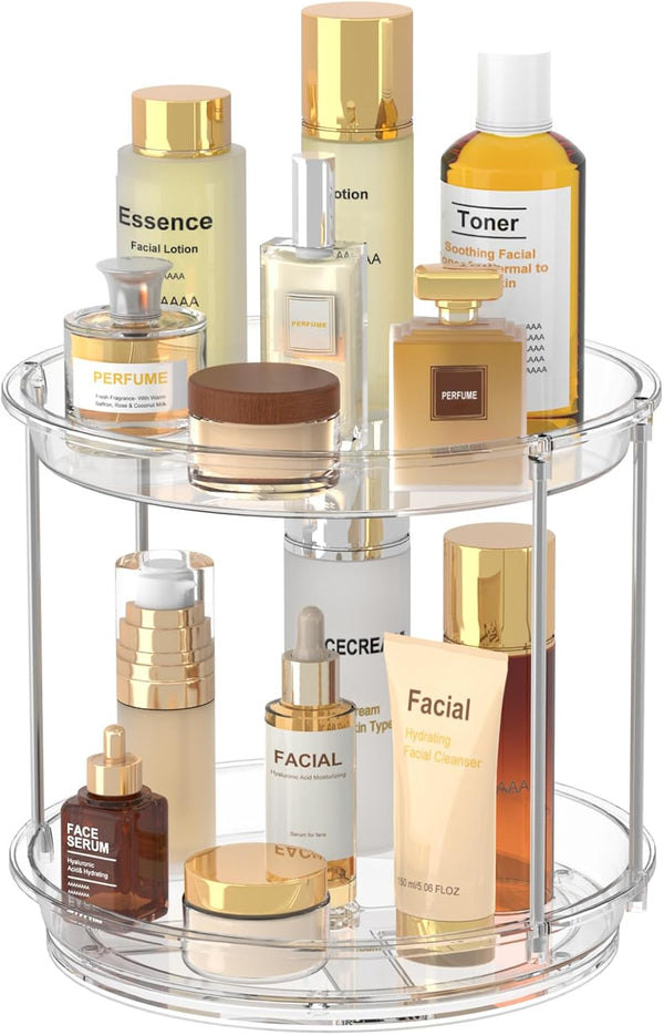 klyoca 360 Rotating Makeup Organizer 2 Tier Lazy Susan Turntable Organizer, Clear Bathroom