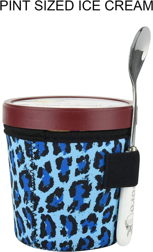 Homakover 4 Pack Ice Cream Pint Size Ice Cream Sleeves Neoprene Cover with Spoon Holder Cover (Leop+Ice cream)