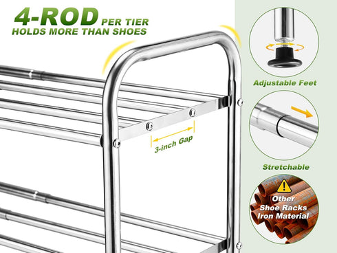 2-Tier 100% Steel,4-Rod Closet (15" 27", Expandable Shoe Rack - Stainless Extendable & Adjustable Feet | Simple