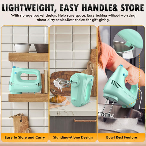 Electric Hand Mixer with Stainless Steel Whisk, Dough Hook, Storage Bag, Handheld Mixer for Baking, Turbo Boost, Green