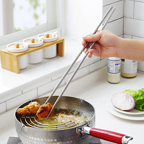 4 Pcs Long Cooking Chopsticks, Reusable Stainless Steel and Natural Wooden Extra Long for Hot Pot Cooking