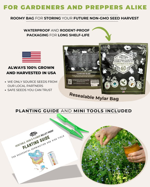 60 Tactiko Survival Medicinal & Survival Seed Kit Heirloom Non-GMO USA Grown Seeds for Vegetables, Herbs & Edible