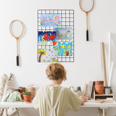 GBYAN 2 Pack Wire Wall Grid Panels with Lights and Clips, Large Photo Board for Home, Office Room Decoration