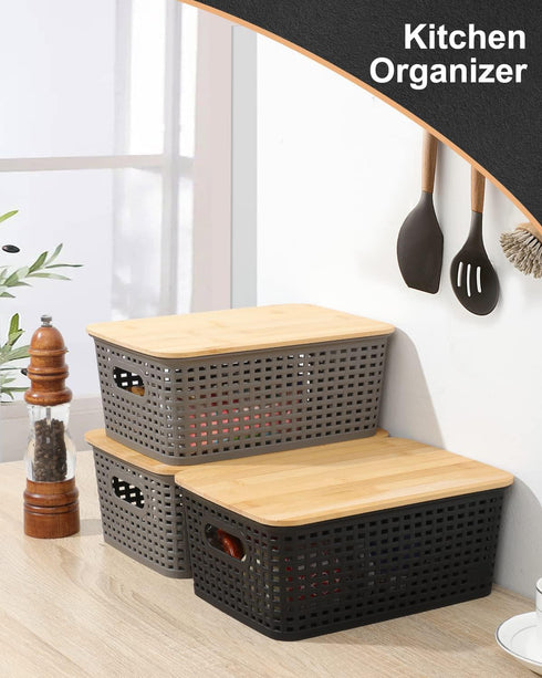 Storage Bins with Bamboo Lids - Set of 6 Lidded Plastic Baskets for Organizing Kitchen, Bedroom, Office, Closet