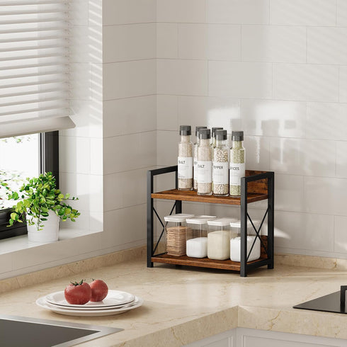 Giikin 2 Tier Countertop Shelf Organizer, Wood Spice Rack for Kitchen, Coffee Counter Shelf Organizer (Brown, S)