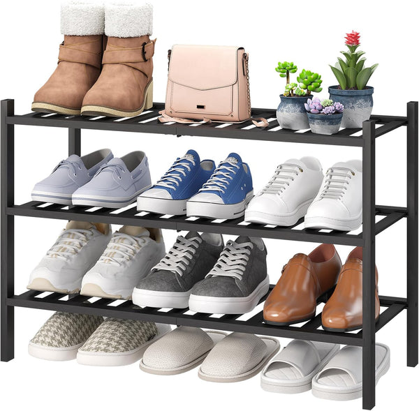 viewcare 3-Tier Black Bamboo Shoe Rack for Entryway, Stackable | Foldable |