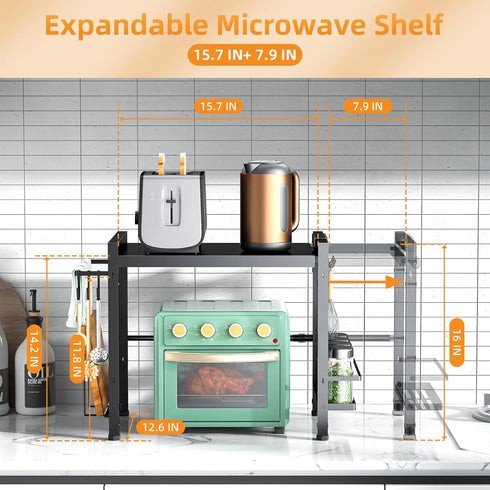 Microwave Oven Rack: Expandable Stand for Kitchen Utensils Tableware Storage with 6 Hooks