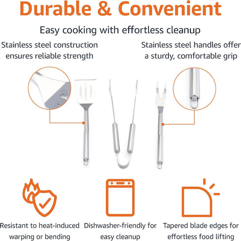 4-Piece Set Amazon Basics Stainless Steel BBQ Grilling Tool with Carry Bag, Rust-Resistant, Dishwasher Safe