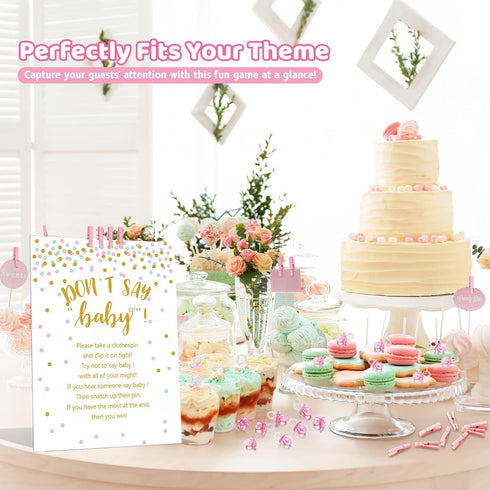 Don't Say Baby Shower Clothespin Game for Girl, Includes 8x11 Standing Sign, 60 Mini Pink Clothes Pins and Pacifiers