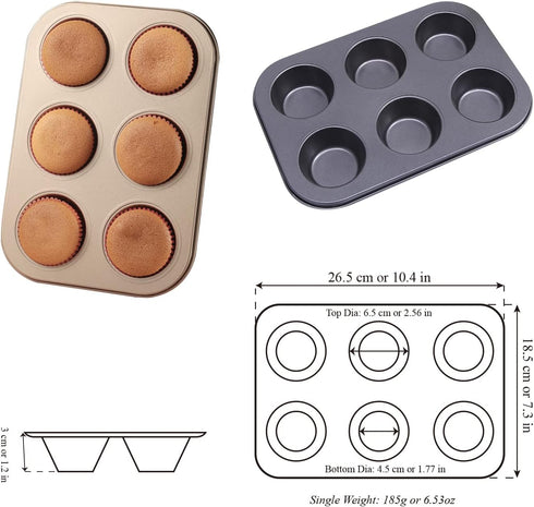 Muffin Tins Set of 2, 6-Cups Nonstick Carbon Steel Standard Cupcake Pans