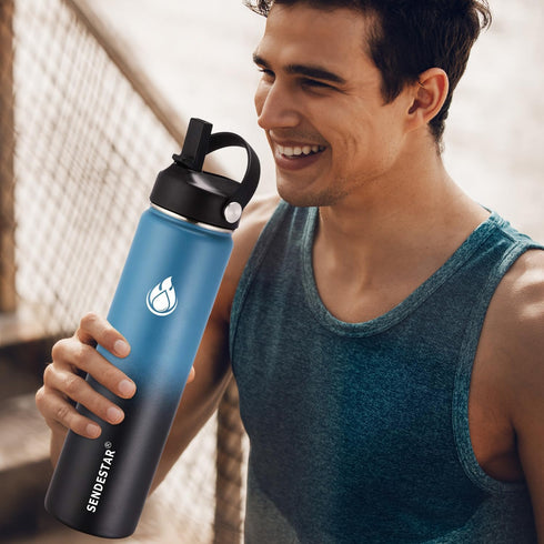 SENDESTAR 40oz Water Bottle, Double Wall Vacuum Insulated, Leak Proof Stainless Steel with Flex Straw Lid & Spout Lid