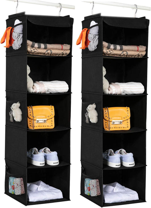 BrilliantJo 2 Pack Hanging Closet Organizer, 5 Shelves Hanging Storage with 6 Side