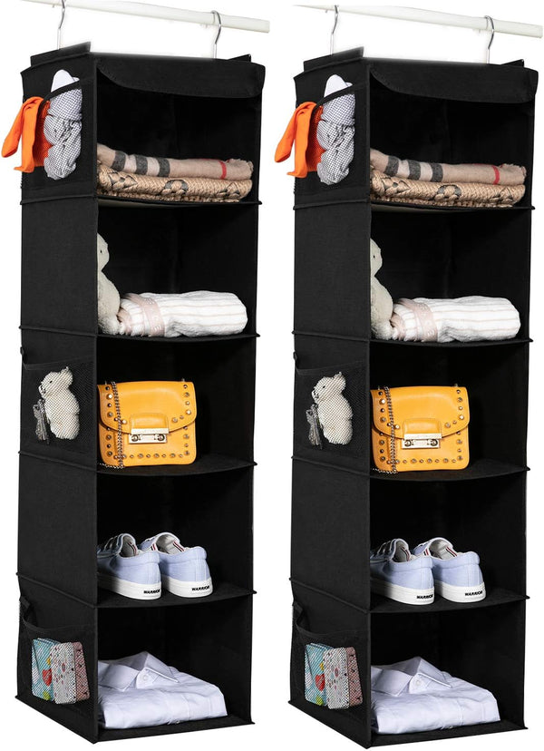BrilliantJo 2 Pack Hanging Closet Organizer, 5 Shelves Hanging Storage with 6 Side
