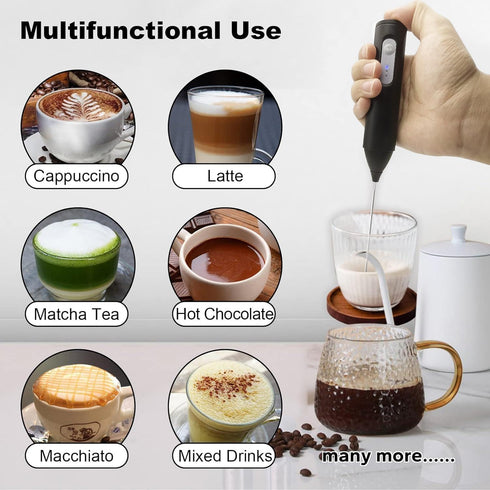 Rechargeable Milk Frother Handheld, Electric Drink Mixer with USB-C and Stainless Steel Whisk, Foam Maker for Lattes, Matcha, Cappuccino, Frappes, Hot Chocolate - Black by PONDI