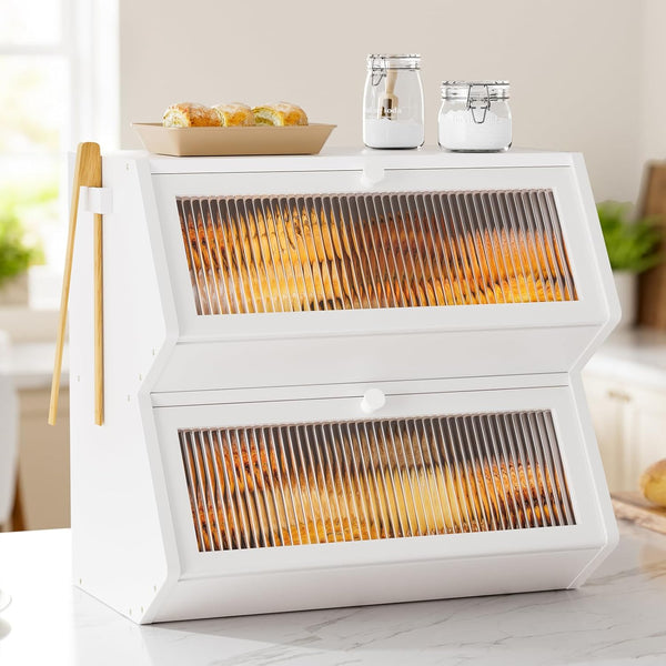 WOWLIVE Double Layer Bread Box for Kitchen Countertop, Large Bamboo Bread Storage