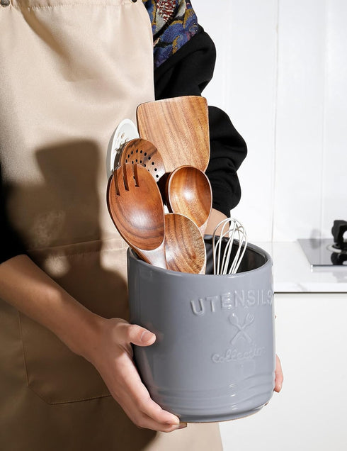 AISBUGUR Large Grey Ceramic Utensil Holder, 7.5" H×6.3" W with Non-Slip Cork Base for Kitchen Counter