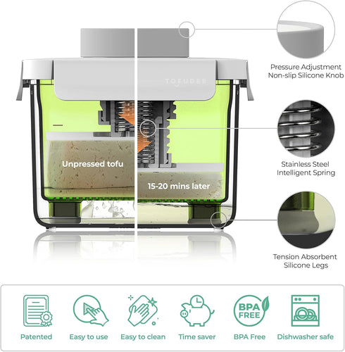 15-20min TOFUDEE Tofu Press for Vegan - Dishwasher Safe & BPA Free Tofu Presser that Swiftly Drains Water from Soft