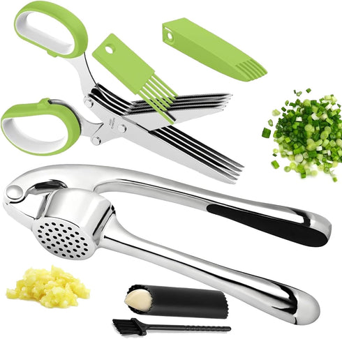 Garlic Press and Herb Scissors Set - 6 Pieces with Mincer and Multipurpose Scissors, Rustproof Kitchen Tools