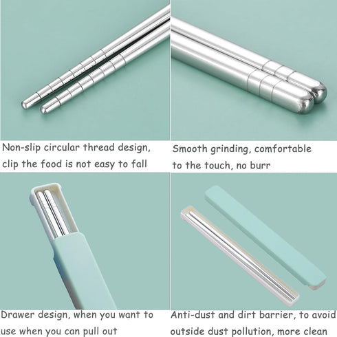 Metal Chopsticks, 1 Pair Reusable Stainless Steel with Pull Design Case for School, Home, Office, Camp