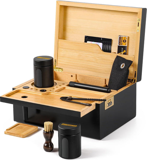 Large Bamboo Box with Combination Lock, Decorative Storage Kit with Airtight Glass Jars and Removable Tray for Home