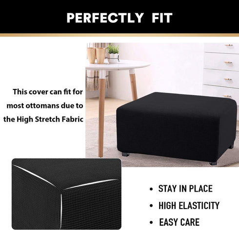 PrinceDeco Stretch Ottoman Cover for Living Room Foot Stool, Thick Checked Jacquard Fabric with Elastic Bottom (Large