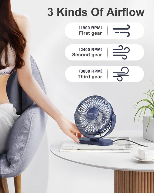 SWEETFULL USB Desk Fan Small Quiet - 3 Speeds Mini Personal Portable Fan 360° Rotation Adjustable, 5 Inch Office Table Cooling Gadgets on Desktop (Blue) by SWEETFULL
