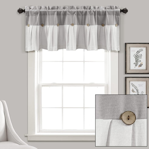 Lush Decor Linen Button Farmhouse Valance - 52" W x 18" L, Gray & White, Rustic Kitchen Curtains with Coconut Husk