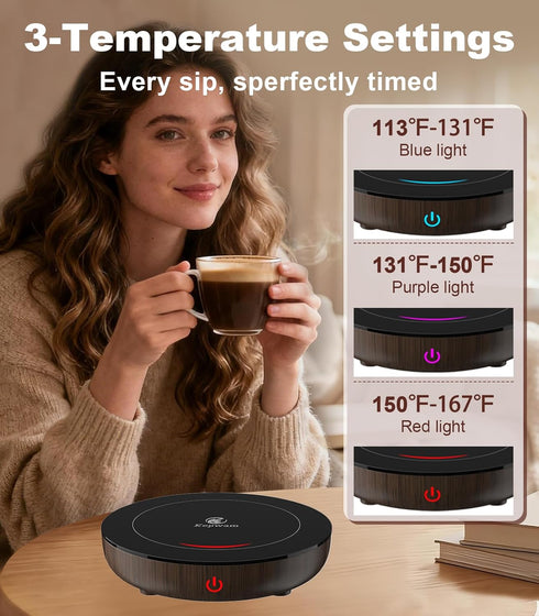3-Temp 6H Kepwam Coffee Mug Warmer for Desk, Fast Heating Cup Warmer with Auto Shut Off, LED Light & Smart Candle