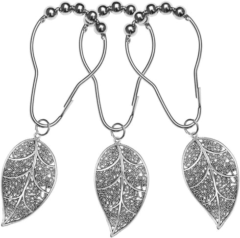 CHICTIE Silver Shower Curtain Rings Hooks - Chrome Leaves Decorative Set of 12 Stainless Steel Rust-Proof