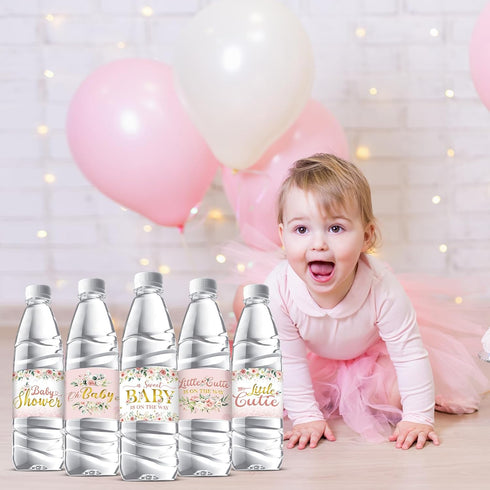 Colarr 72 Pcs Pink Baby Shower Water Bottle Labels Pink Gold Flower Water Bottle Wrappers Stickers Waterproof Self
